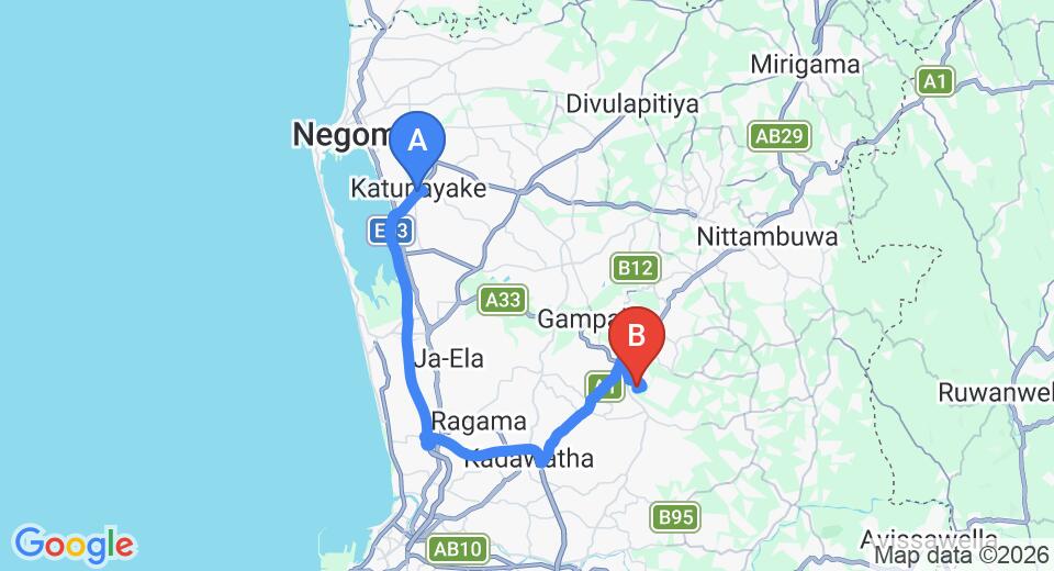 Driving route map: Colombo Airport (CMB) to Nedungamuwa (42 km, approx 53 min private transfer)