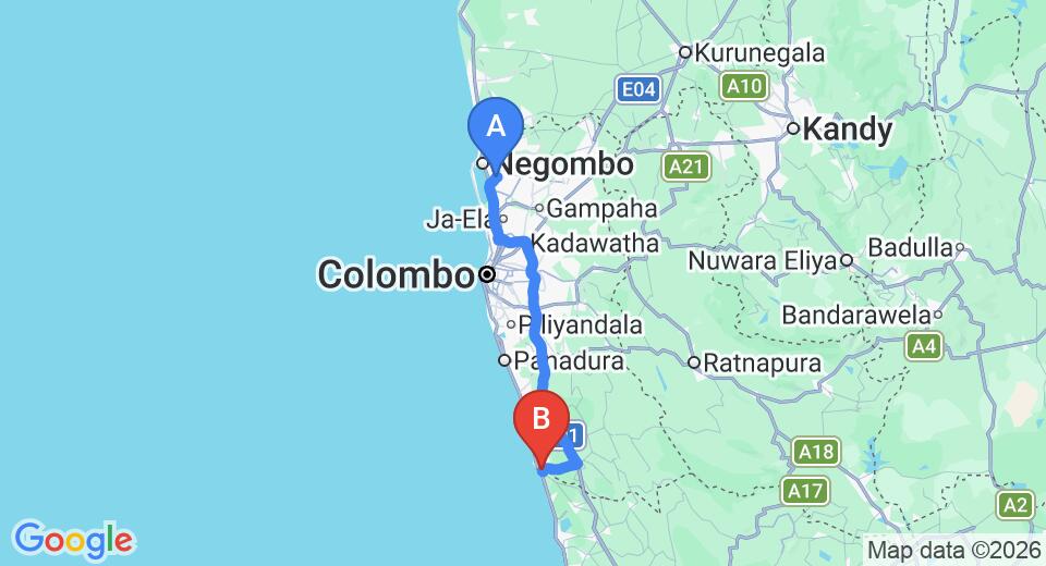Driving route map: Colombo Airport (CMB) to Riverside, Aluthgama (106 km, approx 1 h 38 min private transfer)