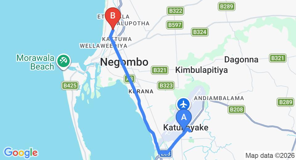 Driving route map: Colombo Airport (CMB) to Olanro Negombo Hotel, Negombo (11 km, approx 27 min private transfer)