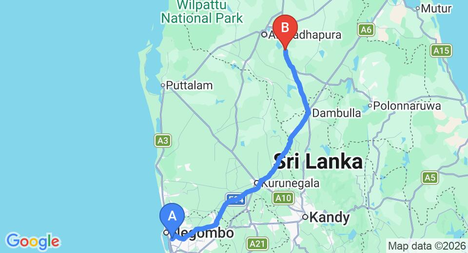 Driving route map: Colombo Airport (CMB) to Thirappane (171 km, approx 3 h 34 min private transfer)