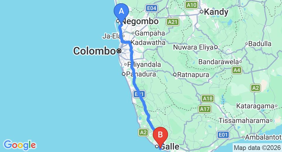 Driving route map: Colombo Airport (CMB) to Shore By Hoppa, Unawatuna (152 km, approx 2 h 7 min private transfer)