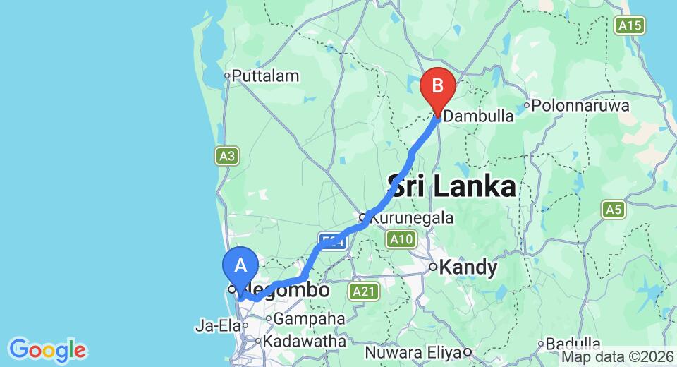 Driving route map: Colombo Airport (CMB) to Heritage Dambulla, Dambulla (129 km, approx 2 h 47 min private transfer)