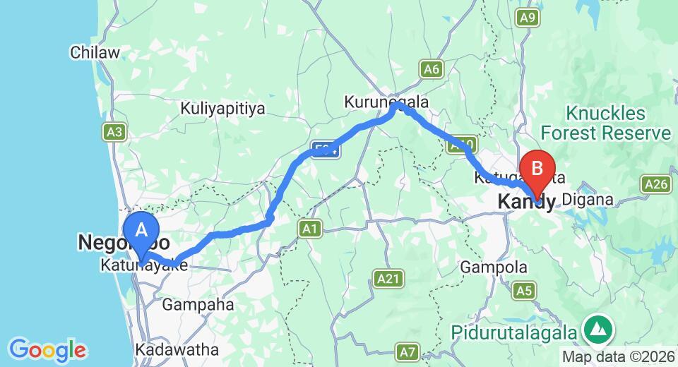 Driving route map: Colombo Airport (CMB) to Range kandy, Kandy (116 km, approx 2 h 54 min private transfer)