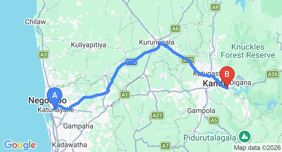 Driving route map: Colombo Airport (CMB) to Rivendell Hotel, Kandy (120 km, approx 3 h 2 min private transfer)