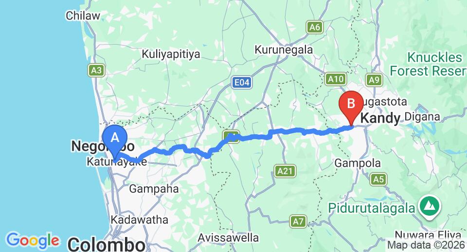 Driving route map: Colombo Airport (CMB) to Pilimatalawa (92 km, approx 2 h 38 min private transfer)