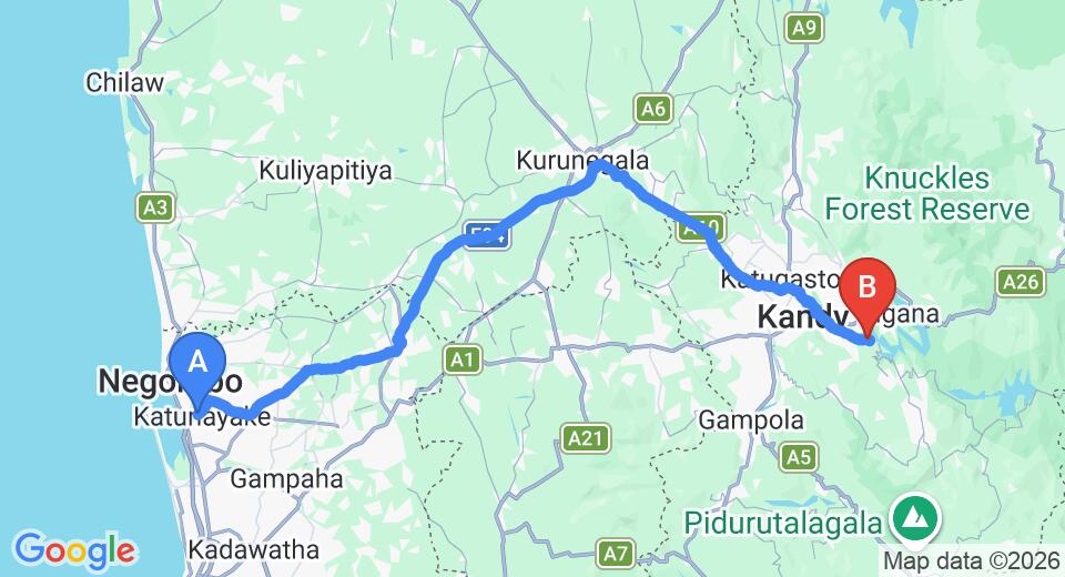 Driving route map: Colombo Airport (CMB) to Victoria Lodge, Kandy (124 km, approx 3 h 7 min private transfer)