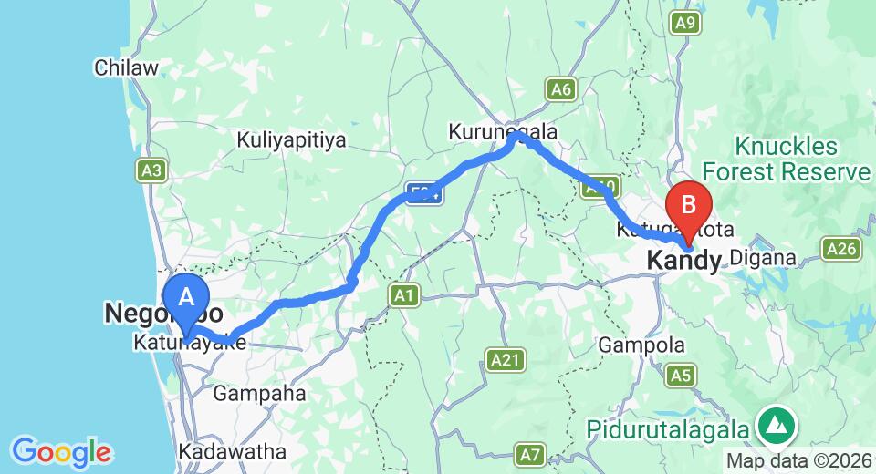 Driving route map: Colombo Airport (CMB) to View360, Kandy (112 km, approx 2 h 46 min private transfer)