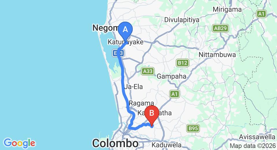 Driving route map: Colombo Airport (CMB) to Makola (33 km, approx 43 min private transfer)