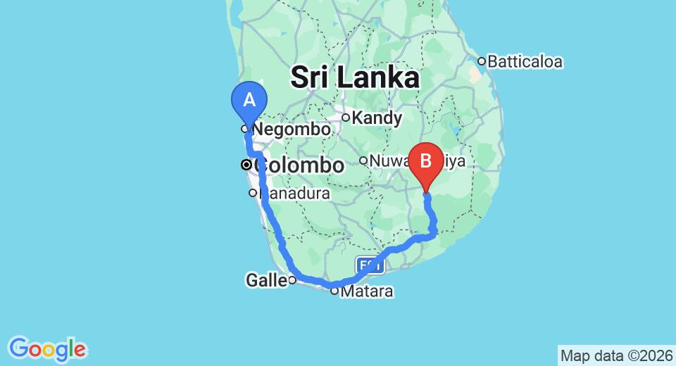Driving route map: Colombo Airport (CMB) to Galapita (320 km, approx 4 h 22 min private transfer)
