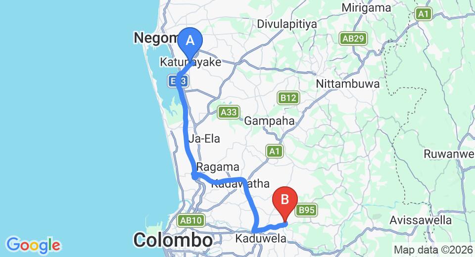 Driving route map: Colombo Airport (CMB) to Malwana (42 km, approx 48 min private transfer)