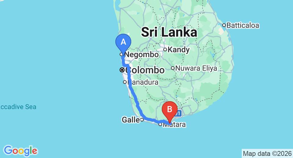Driving route map: Colombo Airport (CMB) to Isolabella Ayurveda Resort, Nilwella (205 km, approx 3 h 2 min private transfer)