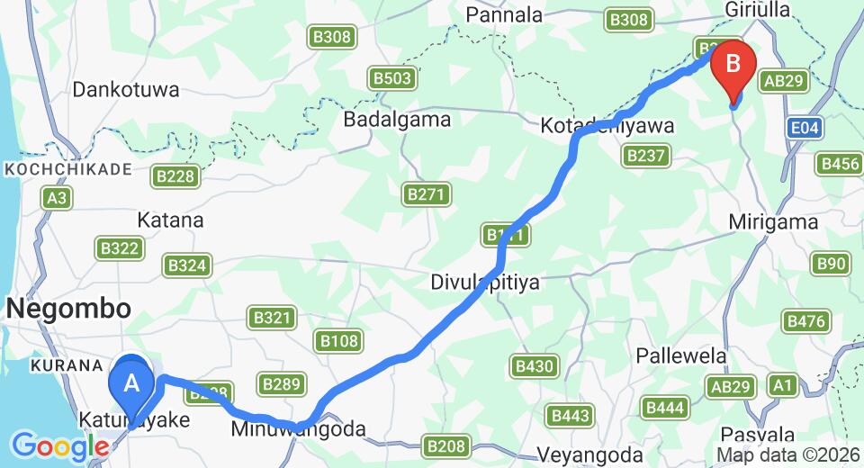 Driving route map: Colombo Airport (CMB) to Kithalawalana (37 km, approx 1 h 4 min private transfer)