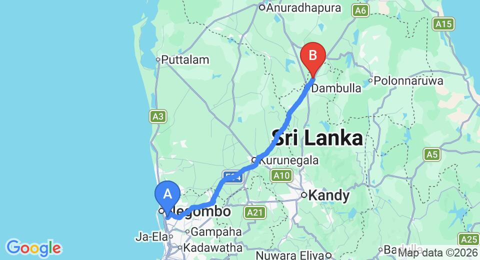 Driving route map: Colombo Airport (CMB) to Nice Place Hotel, Dambulla (136 km, approx 2 h 56 min private transfer)