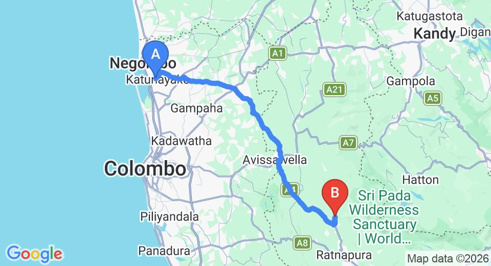Driving route map: Colombo Airport (CMB) to Bopath Fall Rock Chalets, Ratnapura (87 km, approx 2 h 30 min private transfer)