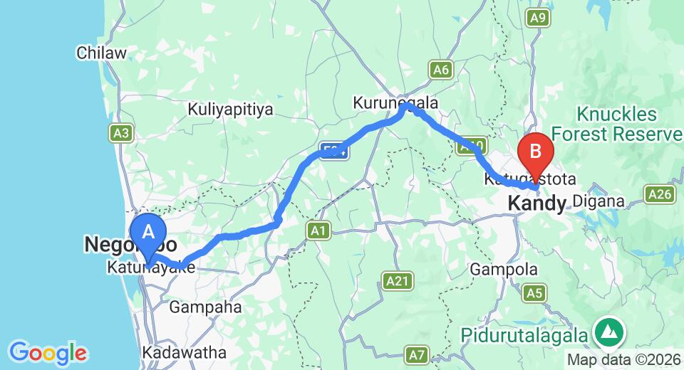 Driving route map: Colombo Airport (CMB) to Mahaweli Reach Hotel, Kandy (110 km, approx 2 h 41 min private transfer)