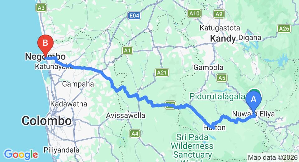 Driving route map: Nuwara Eliya to Negombo (159 km, approx 4 h 47 min private transfer)