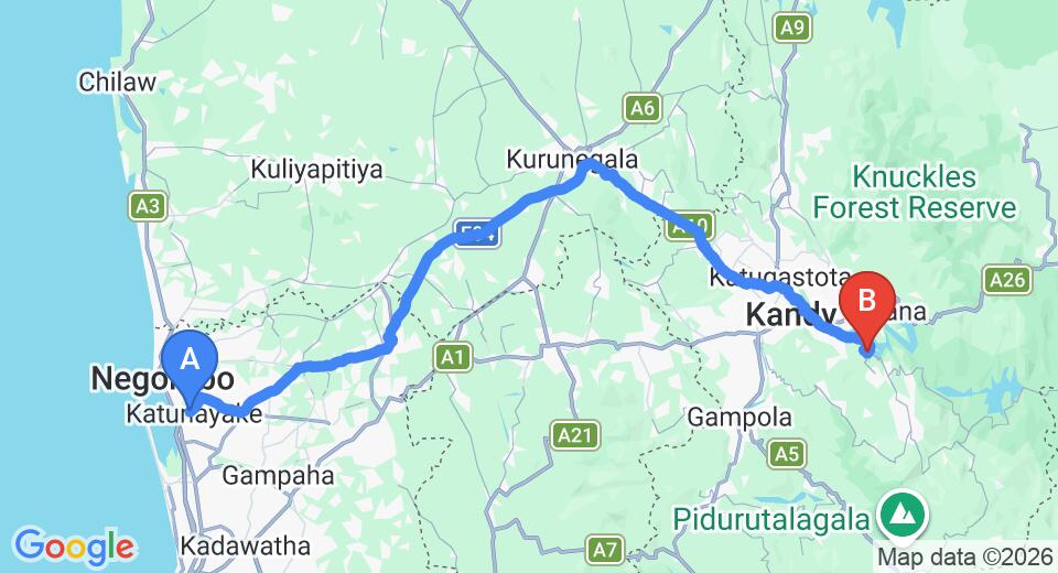 Driving route map: Colombo Airport (CMB) to The Hermitage, Kandy (128 km, approx 3 h 12 min private transfer)