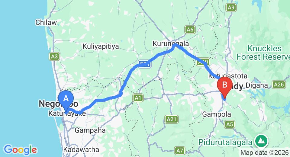 Driving route map: Colombo Airport (CMB) to Mowbrey House, Kandy (118 km, approx 2 h 59 min private transfer)
