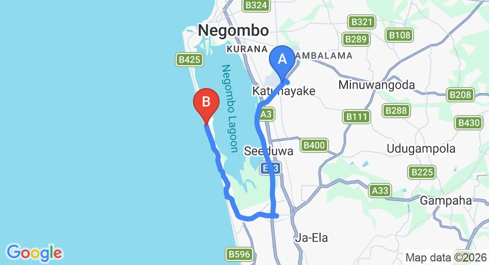 Driving route map: Colombo Airport (CMB) to Sanmali Beach, Negombo (23 km, approx 34 min private transfer)