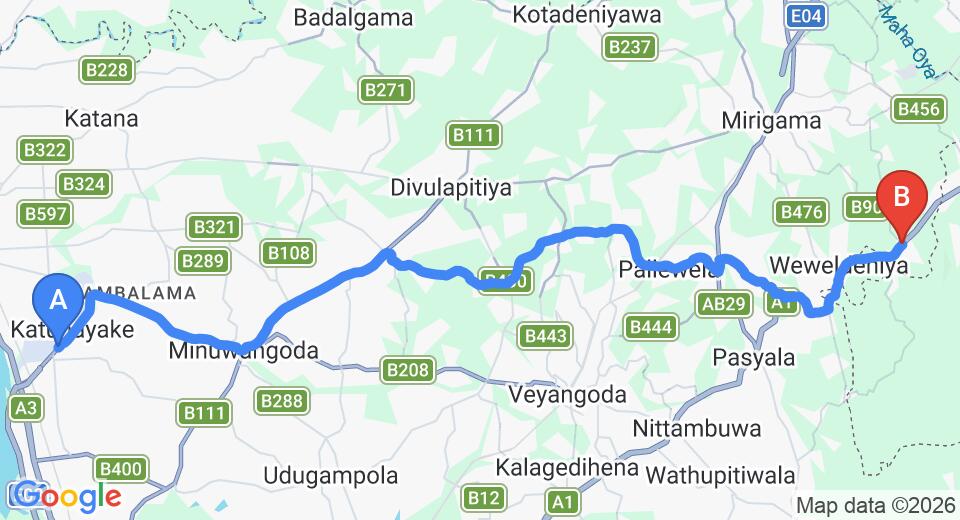 Driving route map: Colombo Airport (CMB) to Danowita (41 km, approx 1 h 13 min private transfer)