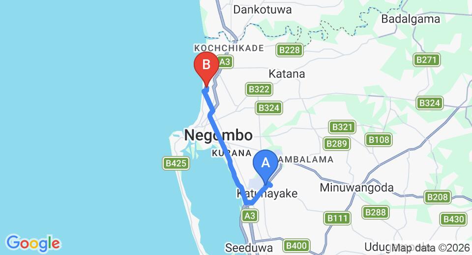 Driving route map: Colombo Airport (CMB) to Daffodils Beach Negombo, Negombo (13 km, approx 32 min private transfer)