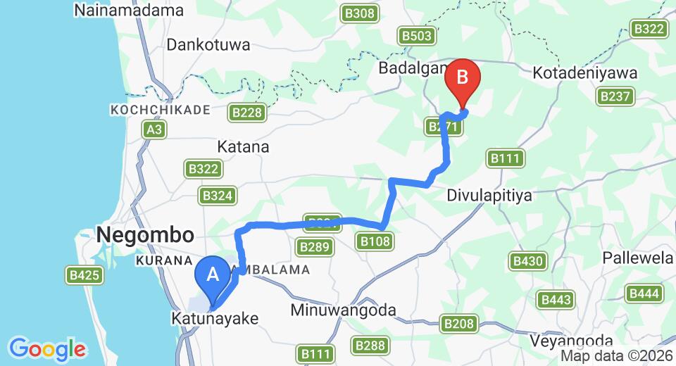 Driving route map: Colombo Airport (CMB) to Delwagura (23 km, approx 42 min private transfer)