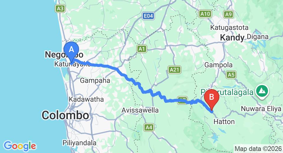 Driving route map: Colombo Airport (CMB) to Ihala watawala (105 km, approx 3 h 13 min private transfer)