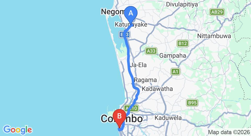 Driving route map: Colombo Airport (CMB) to Colombo 3 (37 km, approx 52 min private transfer)