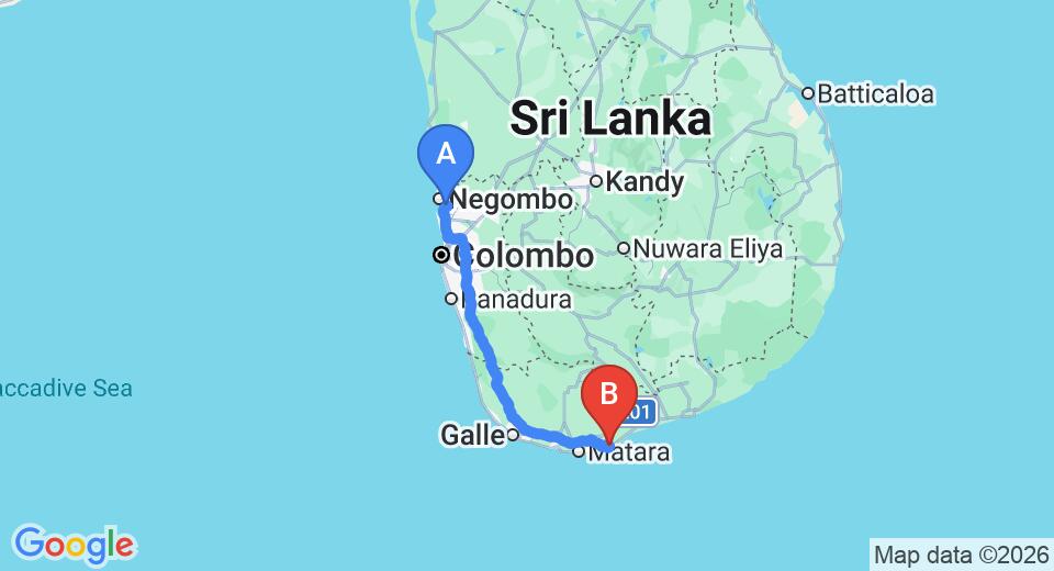 Driving route map: Colombo Airport (CMB) to Villa Dikwella, Dikwella (200 km, approx 2 h 51 min private transfer)