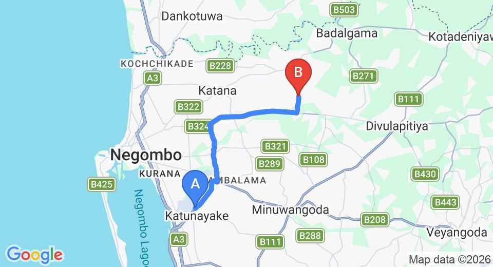 Driving route map: Colombo Airport (CMB) to Ihala Madampella (15 km, approx 29 min private transfer)