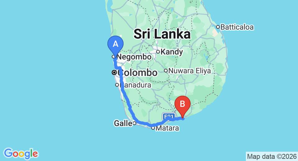 Driving route map: Colombo Airport (CMB) to Oasis Hotel, Hambantota (245 km, approx 3 h 27 min private transfer)