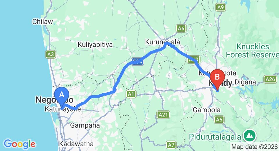 Driving route map: Colombo Airport (CMB) to Le Leopard D 'Argent, Kandy (116 km, approx 2 h 59 min private transfer)