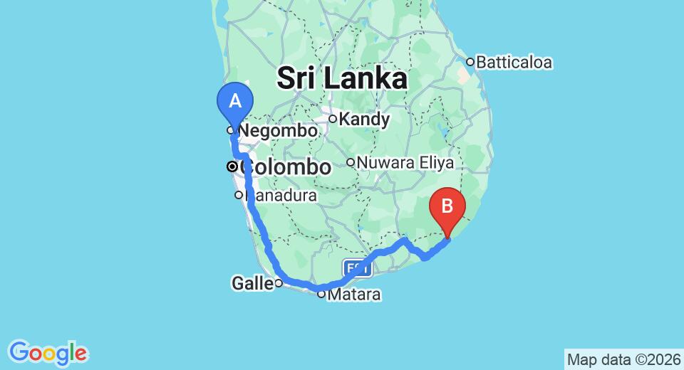 Driving route map: Colombo Airport (CMB) to Thippola, Yala (316 km, approx 5 h 4 min private transfer)