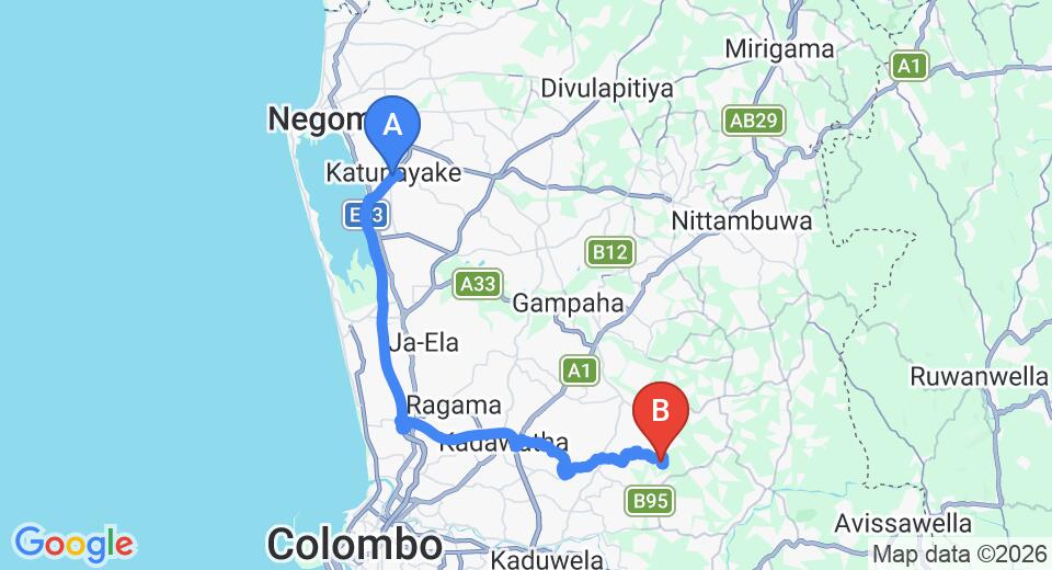 Driving route map: Colombo Airport (CMB) to Demalagama (45 km, approx 1 h 3 min private transfer)