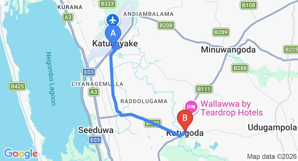 Driving route map: Colombo Airport (CMB) to Kotugoda (10 km, approx 22 min private transfer)