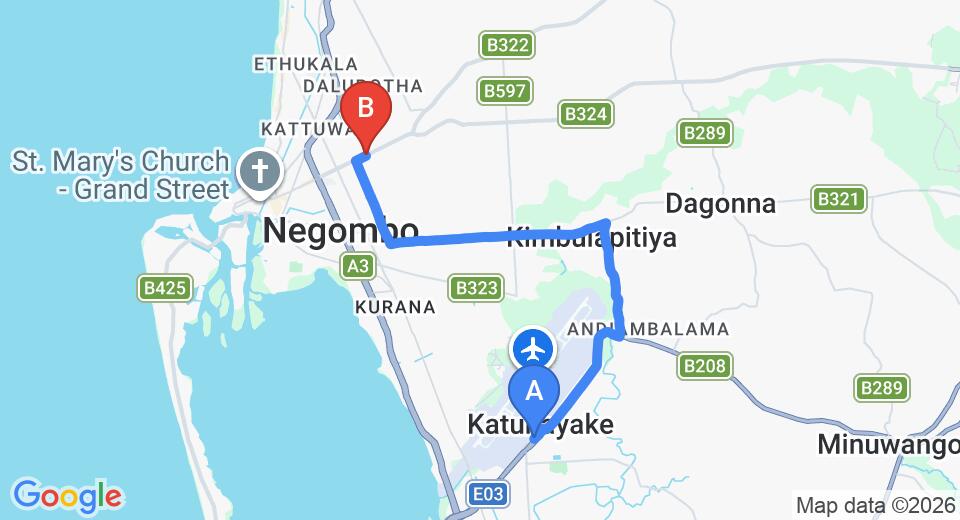 Driving route map: Colombo Airport (CMB) to Avenra Garden, Negombo (11 km, approx 25 min private transfer)