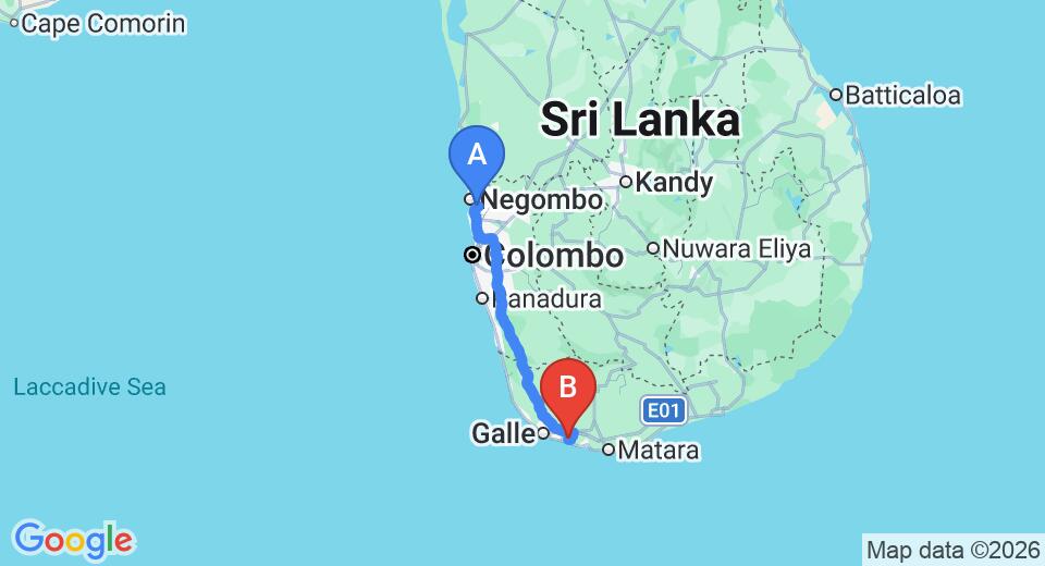 Driving route map: Colombo Airport (CMB) to Tri, Koggala (164 km, approx 2 h 20 min private transfer)