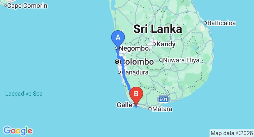 Driving route map: Colombo Airport (CMB) to Amanda Beach Villas, Unawatuna (154 km, approx 2 h 10 min private transfer)