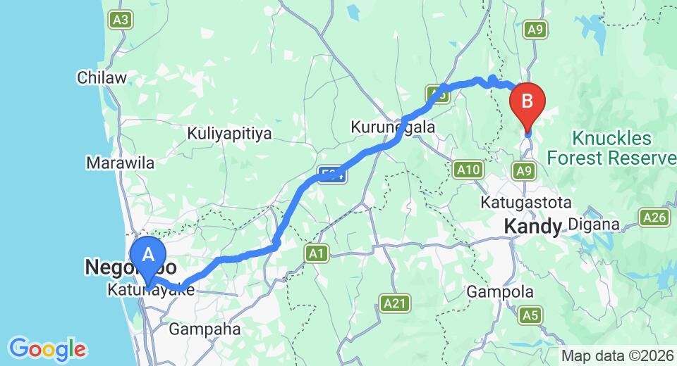 Driving route map: Colombo Airport (CMB) to Matale (123 km, approx 2 h 53 min private transfer)