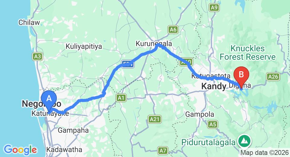 Driving route map: Colombo Airport (CMB) to Victoria Golf Club, Kandy (129 km, approx 3 h 17 min private transfer)