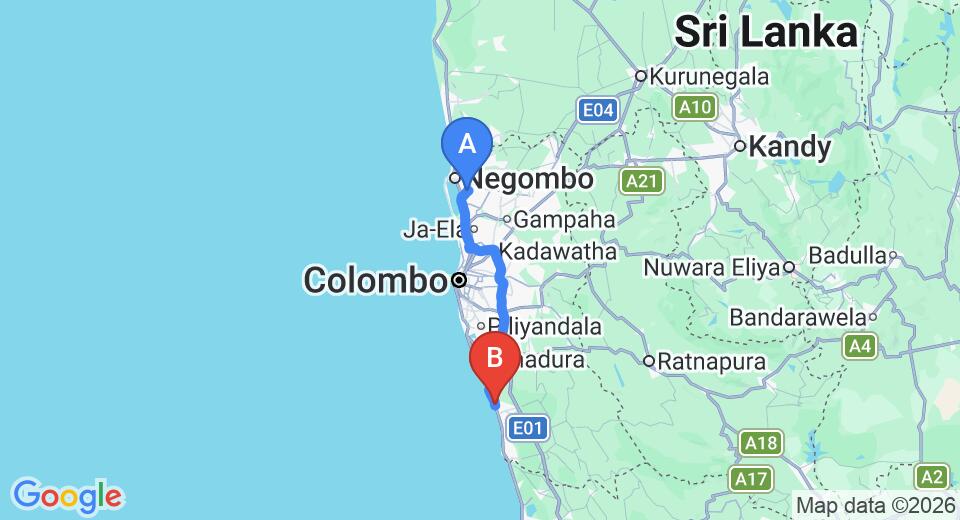 Driving route map: Colombo Airport (CMB) to Kalutara (83 km, approx 1 h 30 min private transfer)