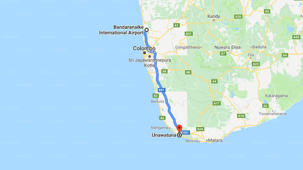 Transfer between Colombo Airport (CMB) and Amanda Beach Villas, Unawatuna