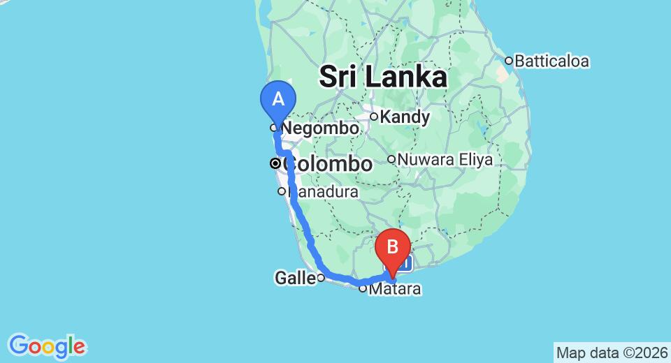 Driving route map: Colombo Airport (CMB) to Anantara Peace Haven, Tangalle (213 km, approx 2 h 55 min private transfer)