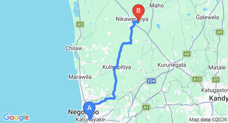 Driving route map: Colombo Airport (CMB) to Katagamuwa (92 km, approx 2 h 19 min private transfer)