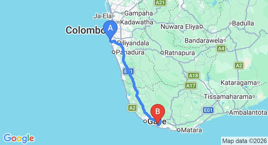 Driving route map: Ratmalana (RML) Airport to Koggala (124 km, approx 2 h 1 min private transfer)