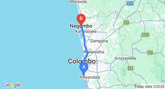 Driving route map: Ratmalana (RML) Airport to Negombo (50 km, approx 1 h 16 min private transfer)