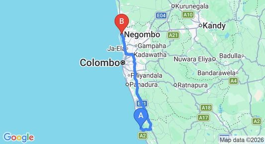 Driving route map: Balapitiya to Negombo (133 km, approx 2 h 1 min private transfer)
