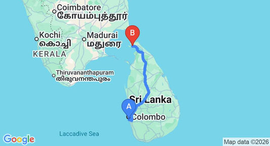 Driving route map: Ratmalana (RML) Airport to Jaffna (419 km, approx 8 h 13 min private transfer)