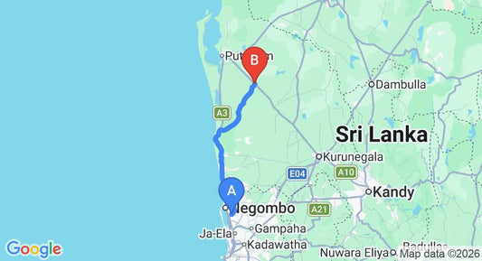 Driving route map: Colombo Airport (CMB) to Anamaduwa (98 km, approx 2 h 24 min private transfer)