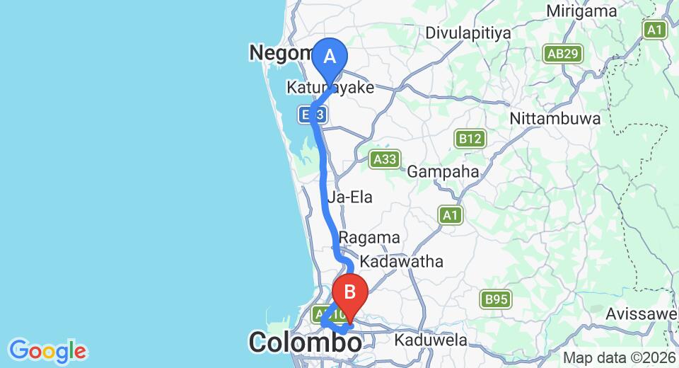 Driving route map: Colombo Airport (CMB) to Wellampitiya (33 km, approx 40 min private transfer)